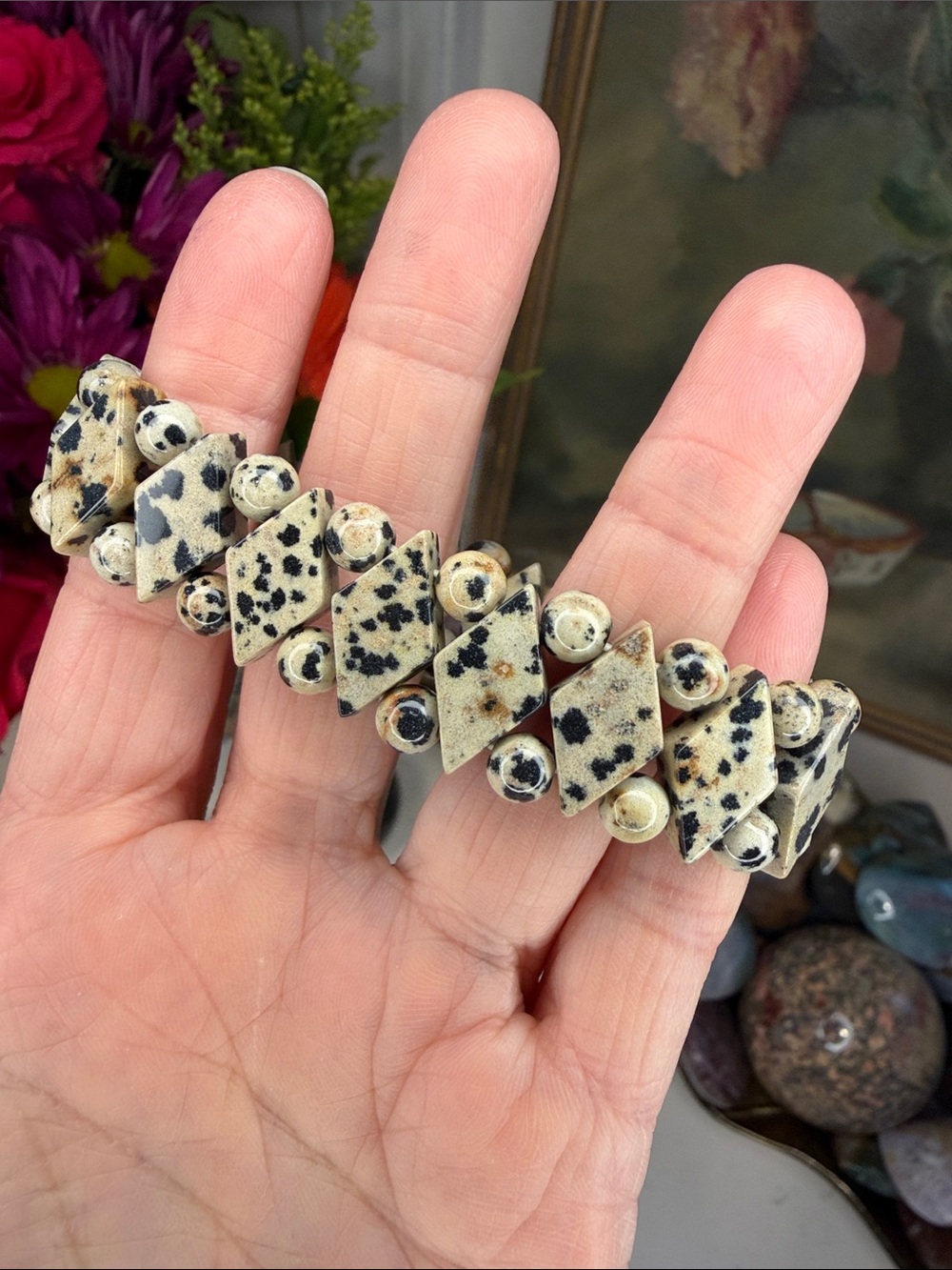 Dalmatian Jasper Natural Stone Statement Bracelet • 6.75” • B1349